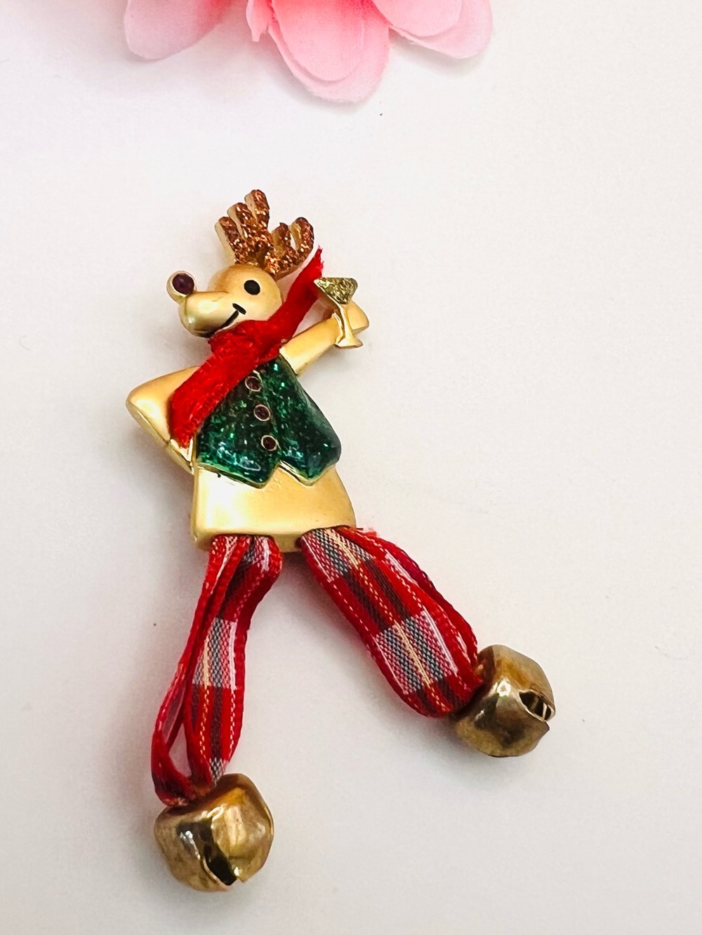 Festive Reindeer Holiday brooch in Red and Green
